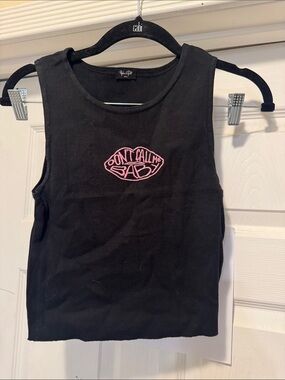 Brandy Melville Black Tank Top with Pink 'Don't Call Me Baby' Embroidery